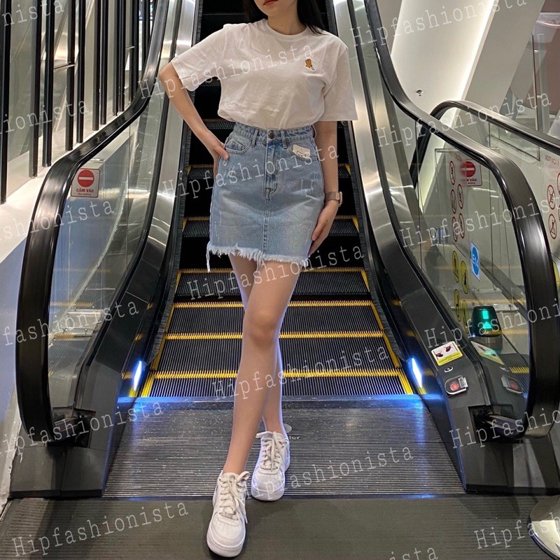 [Mã FADIRECT20 giảm 20K đơn 150K] Chân váy jeans chữ a xước nhẹ lai tua, lưng cao trên rốn, form chuẩn đẹp (hình thật)