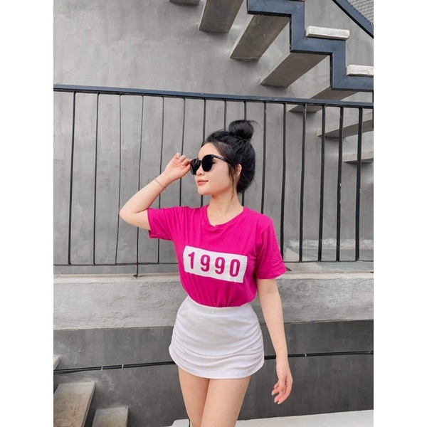 Áo thun giấy form rộng in số 1990 tay ngắn cổ tròn