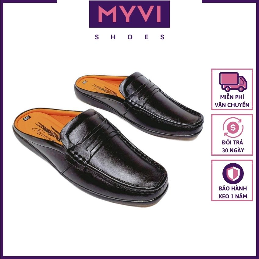 Giày Sục Da Bò Thật Nam Trung Niên, Mũi Vuông, Trang Trí Vintage Cổ Điển & Logo Cá Sấu (Đen) - MyVi Shoes | BigBuy360 - bigbuy360.vn