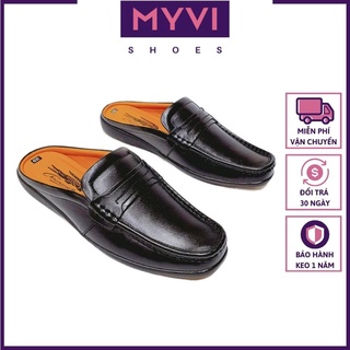 Giày Sục Da Bò Thật Nam Trung Niên, Mũi Vuông, Trang Trí Vintage Cổ Điển & Logo Cá Sấu (Đen) - MyVi Shoes