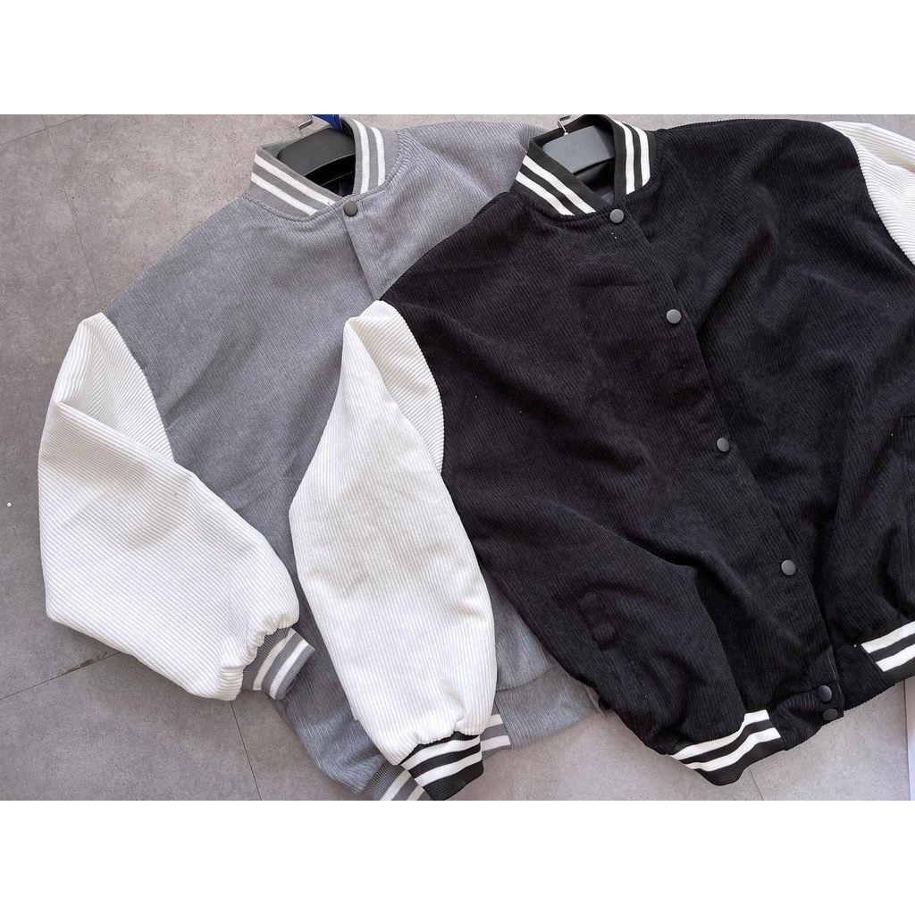 Áo Bomber Varsity Jacket Unisex Form Rộng Nhung Tăm 2 Lớp Phối Tay Trơn