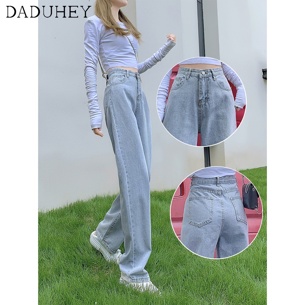 Quần denim ống rộng lưng cao phối thắt lưng phong cách Hàn Quốc thời trang cho nữ