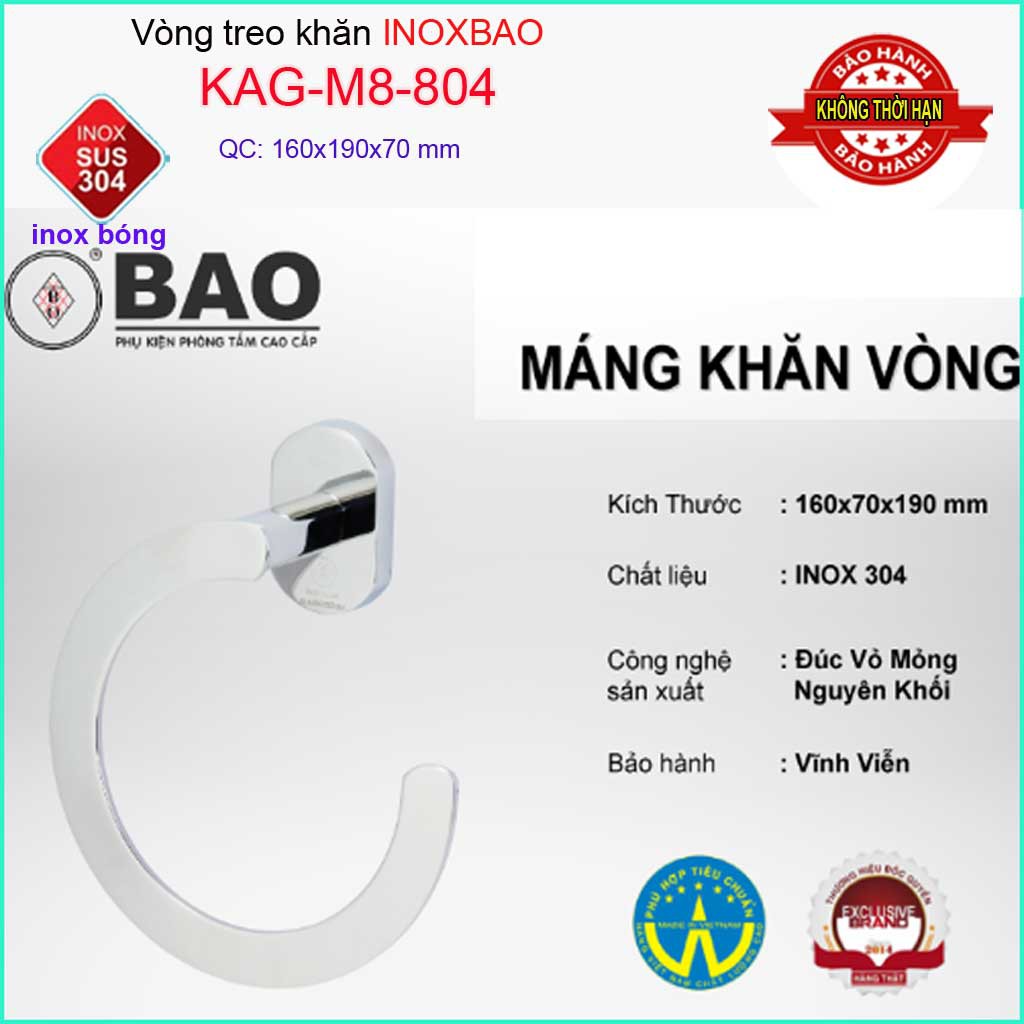 Vòng treo khăn Inox Bảo KAG-M8-804, máng treo khăn khô bồn tắm đứng SUS304 dập khuôn thiết kế tuyệt đẹp tiện dụng