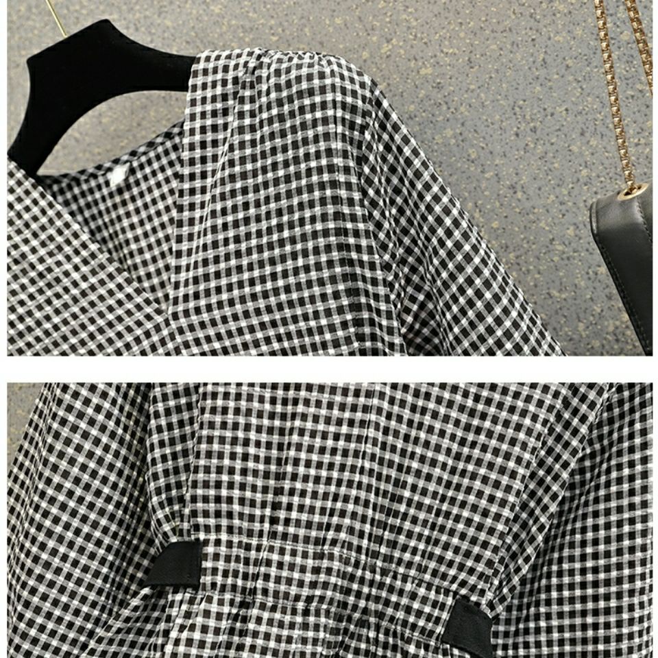 2022 Spring and Autumn wear new cotton and hemp plaid shirt women's Korean version V-collar waist blouse lantern nine-minute sleeve lining trend