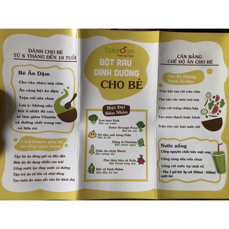 Bột rau củ dalathouse cho bé ăn dặm - gói 3g - Chùm ngây, kale, khoai lang, bó xoii