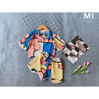 bộ đồ pijama lụa màu lập thể cho bé