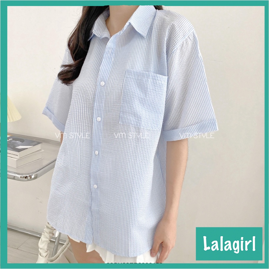 Áo Sơ Mi Nữ Ngắn Tay Form Rộng Công Sở Chất Xốp Kẻ Sọc 3 Màu Phong Cách Hàn Quốc