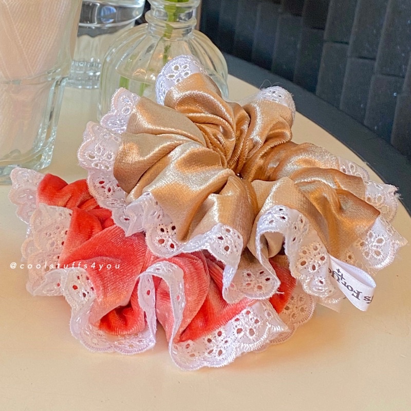 Đồ buộc tóc scrunchies nhung phối ren thiết kế✨