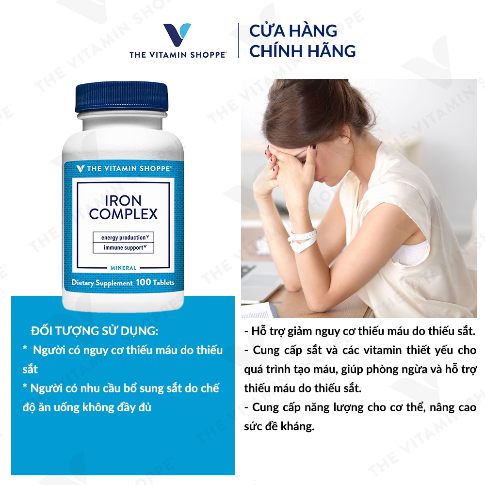 Viên uống bổ sung sắt giảm nguy cơ thiếu máu THE VITAMIN SHOPPE Iron Complex 100 viên