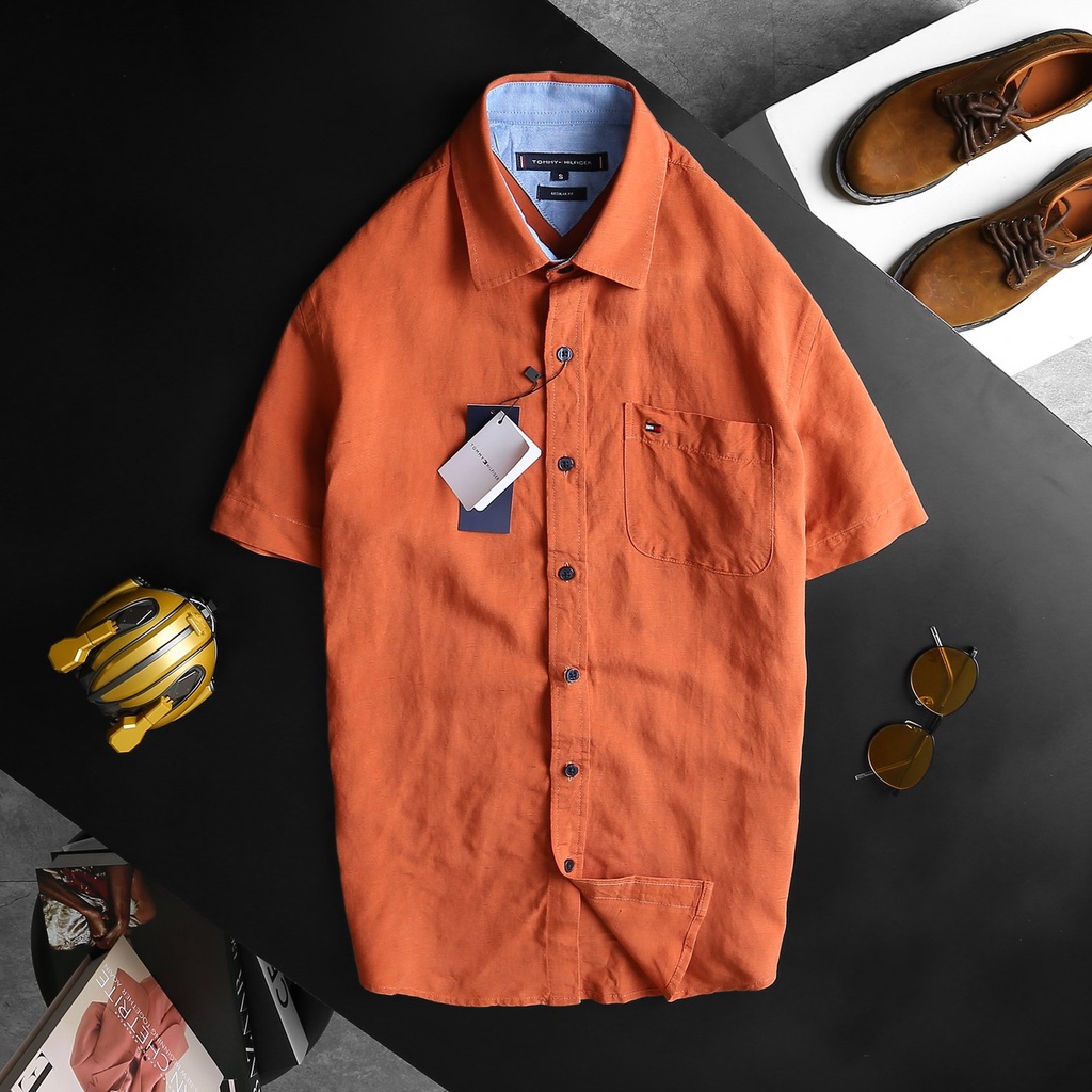 Áo sơ mi nam tay ngắn vải Linen chính phẩm màu trơn nhiều màu có túi thêu logo - TM