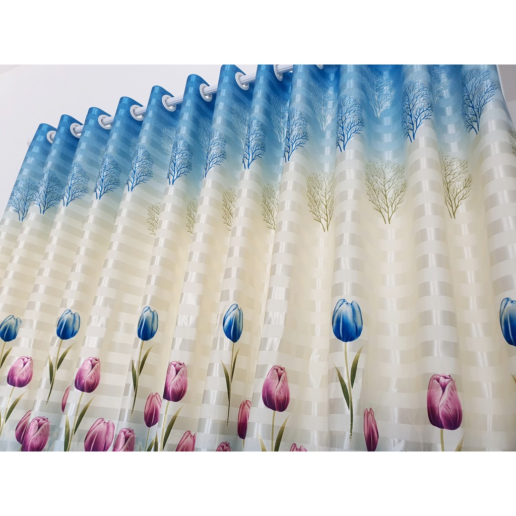 Rèm cửa sổ, cửa phòng ngủ chống nắng giá rẻ, màn cửa vải trang trí decor hoạ tiết hoa tulip xanh