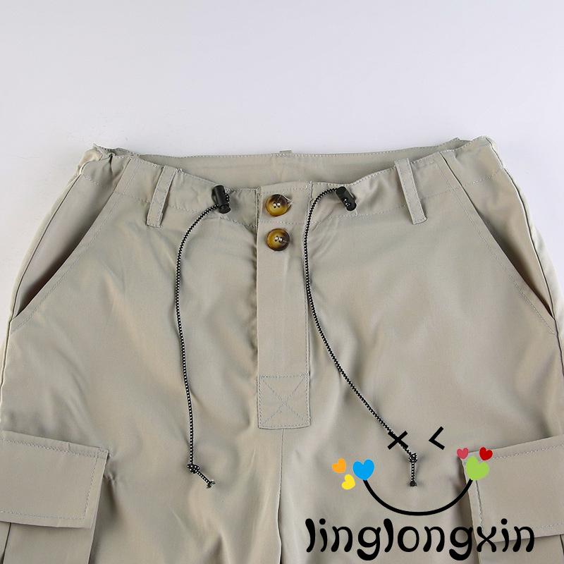 Linglongxi2-quần Dài Dáng Rộng Phối Nhiều Túi Màu Trơn Phong Cách Đường Phố Đơn Giản Dành Cho Bạn Nữ