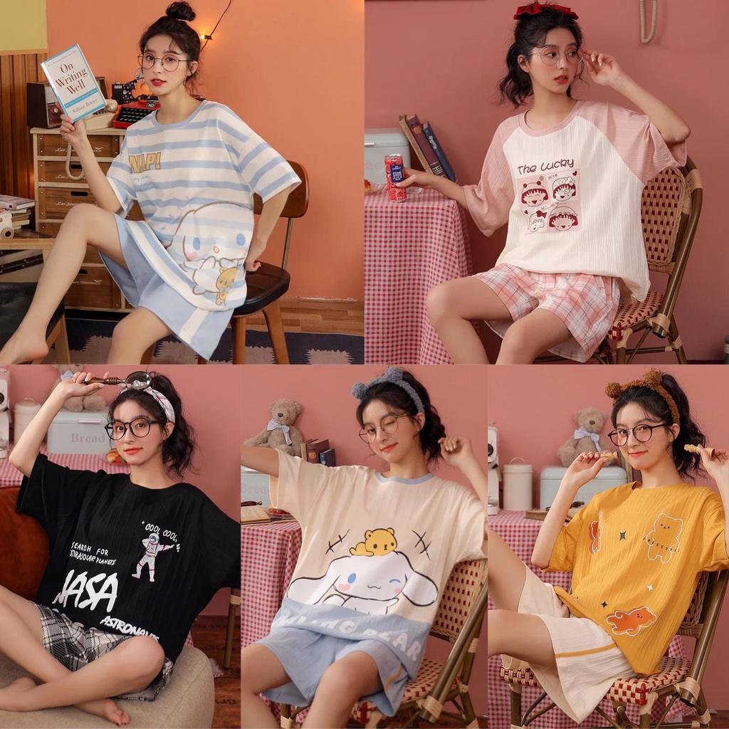 [SẴN] Đồ ngủ ngắn, đồ mặc ở nhà Quảng Châu, pijama bông cotton thoáng, style Hàn Quốc họa tiết dễ thương