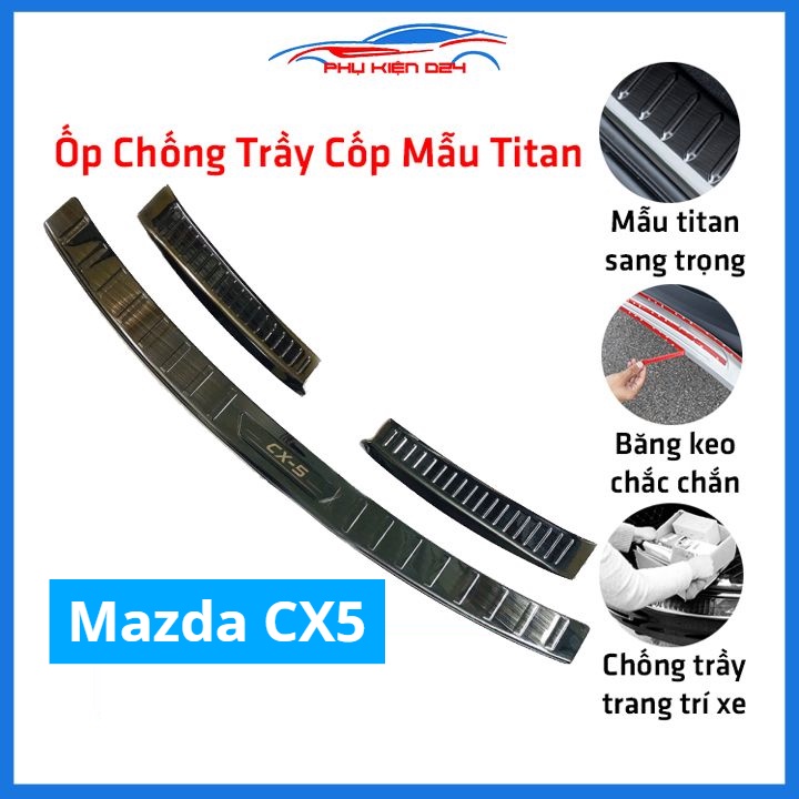 Ốp chống trầy cốp Mazda CX5 thép không gỉ vân titan bảo vệ xe chống va đập