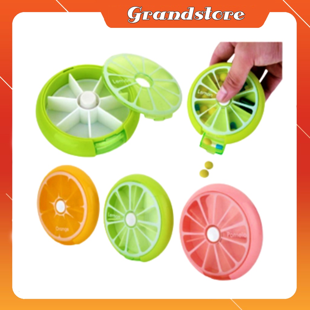 HỘP ĐỰNG CHIA THUỐC TRÒN MINI 7 NGĂN TIỆN DỤNG HÌNH TRÁI CÂY NHIỀU MÀU CÓ NÚT BẤM XOAY