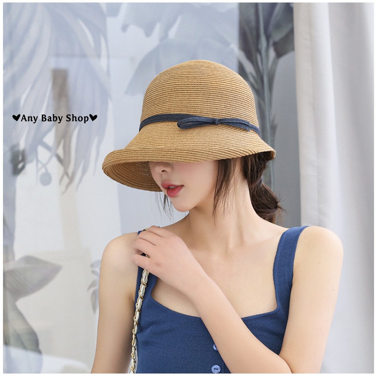 Mũ cói đi chơi, đi biển uốn vành đính dây nơ 5 màu sang chảnh- gấp gọn được (hàng có sẵn) ❣❣