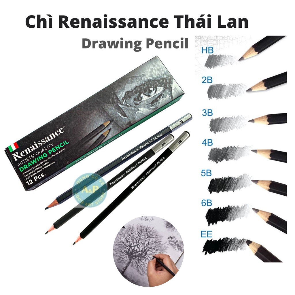 [Lộc'sArtStore] [Chính hãng]Bút chì đen mỹ thuật drawing RENAISSANCE Thái Lan HB-6B
