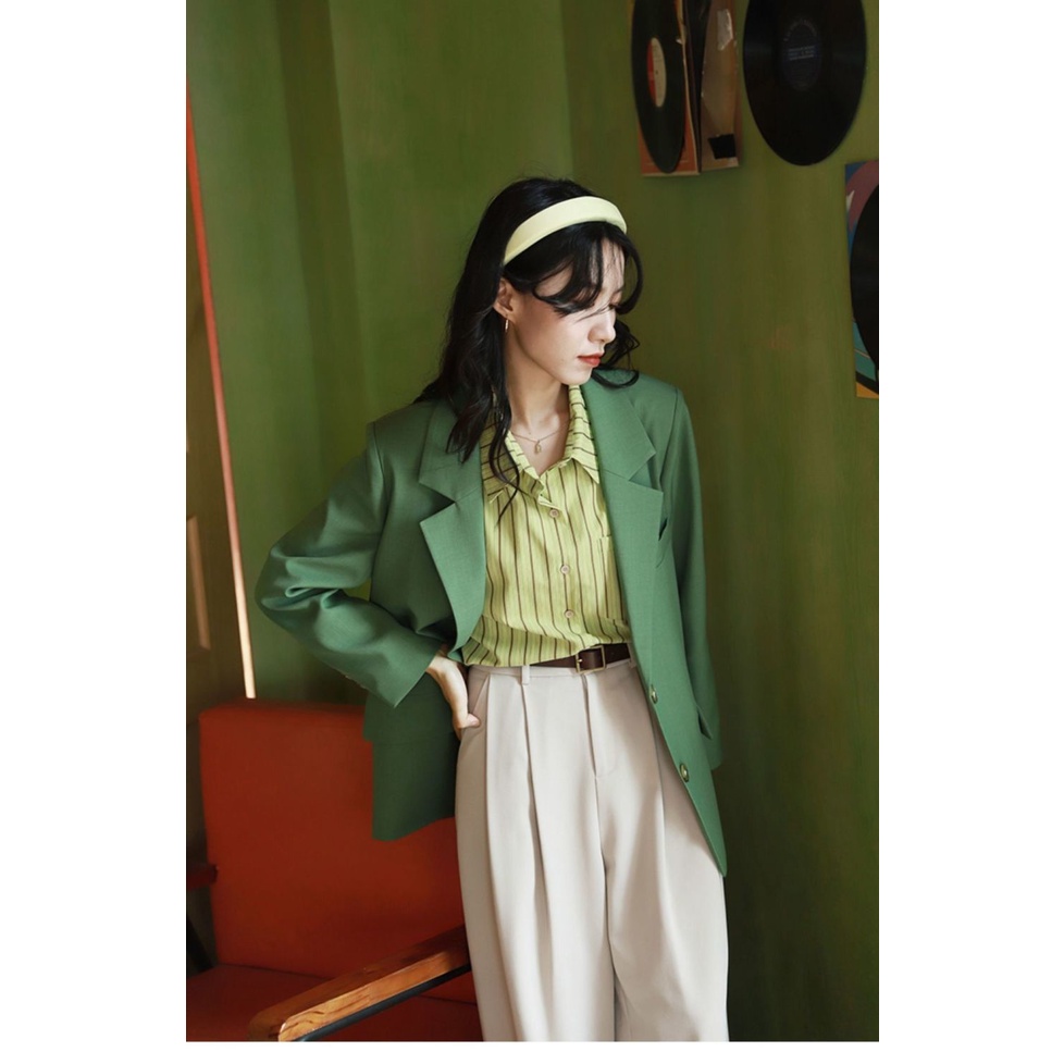 Áo Khoác blazer Tay Dài Dáng Rộng Màu Xanh Lá Thời Trang Xuân Thu
