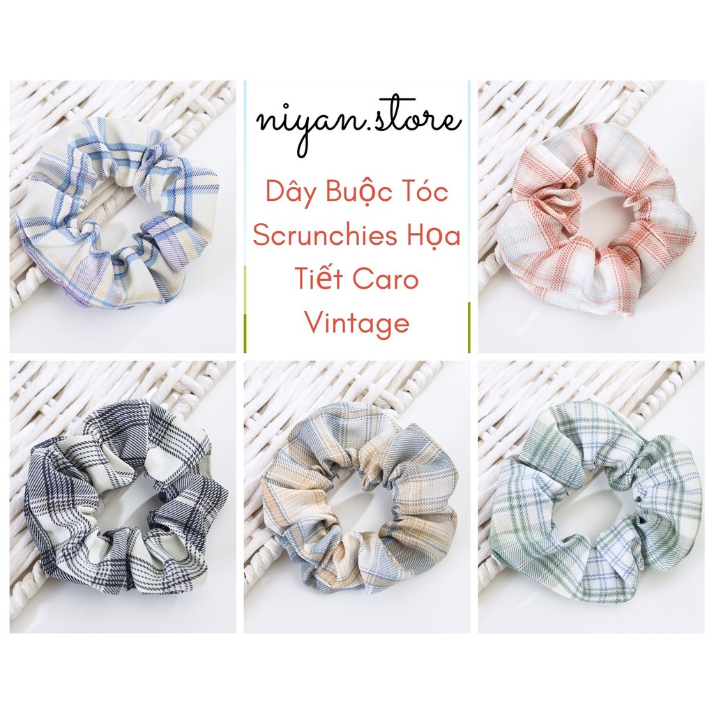 Dây Buộc Tóc Scrunchies Họa Tiết Caro Vintage