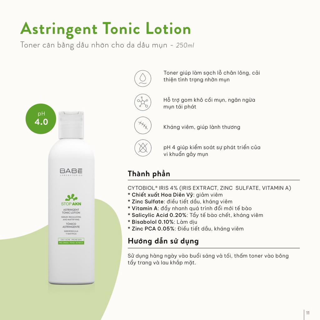 Toner cân bằng dầu nhờn, hỗ trợ giảm mụn, se khít lỗ chân lông BABE Stop AKN Astringent Tonic Lotion 250ml