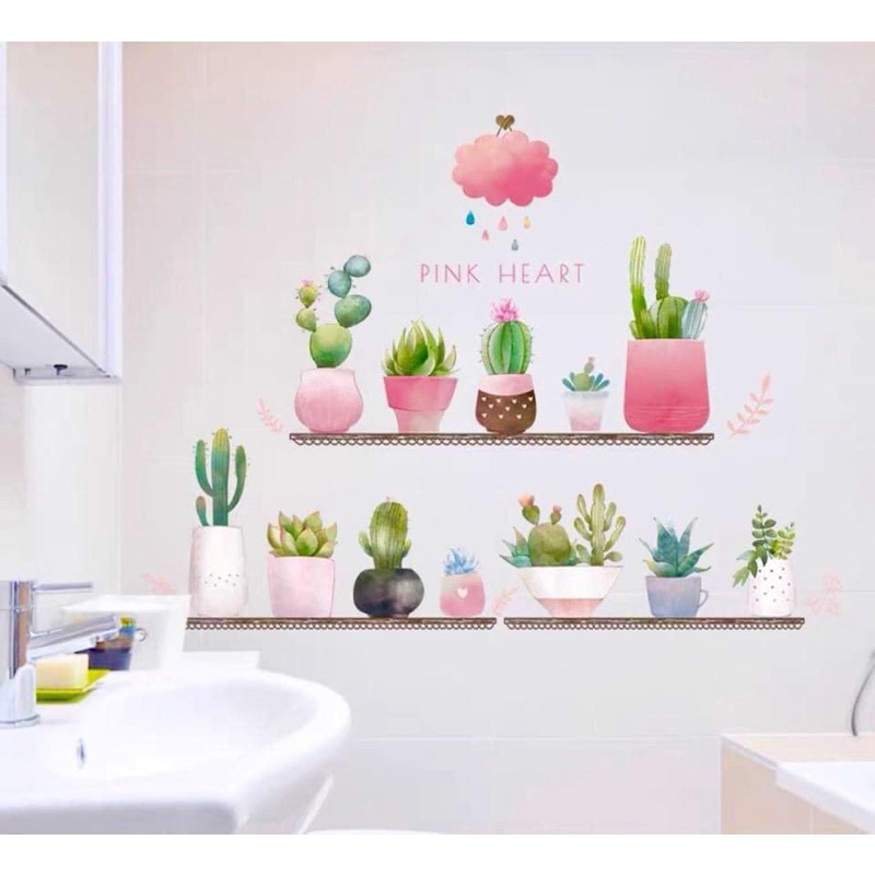 Decal dán tường, Tranh dán tường chậu xương rồng màu hồng sẵn keo dán, chống thấm nước