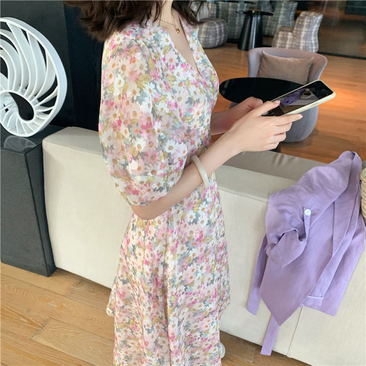 Đầm Voan Hoa Cổ Chữ V Xinh Xắn Theo Phong Cách Hàn Quốc 2021 Dành Cho Nữ đầm bầu váy nữ váy bé gái váy dài chân váy dài váy nữ chân váy dài