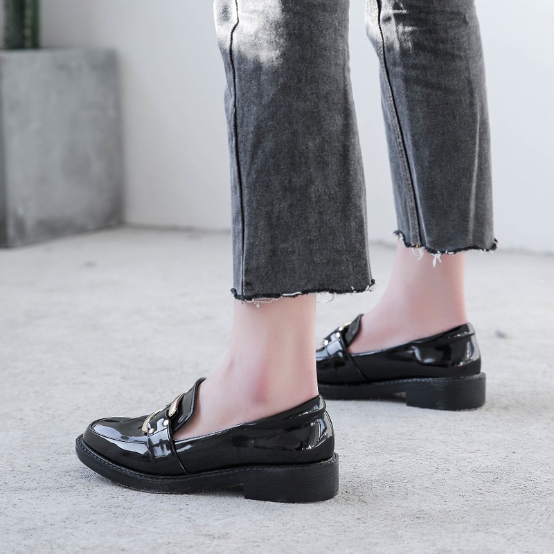 Giày Da Nữ Mũi Tròn Phong Cách Anh Quốc