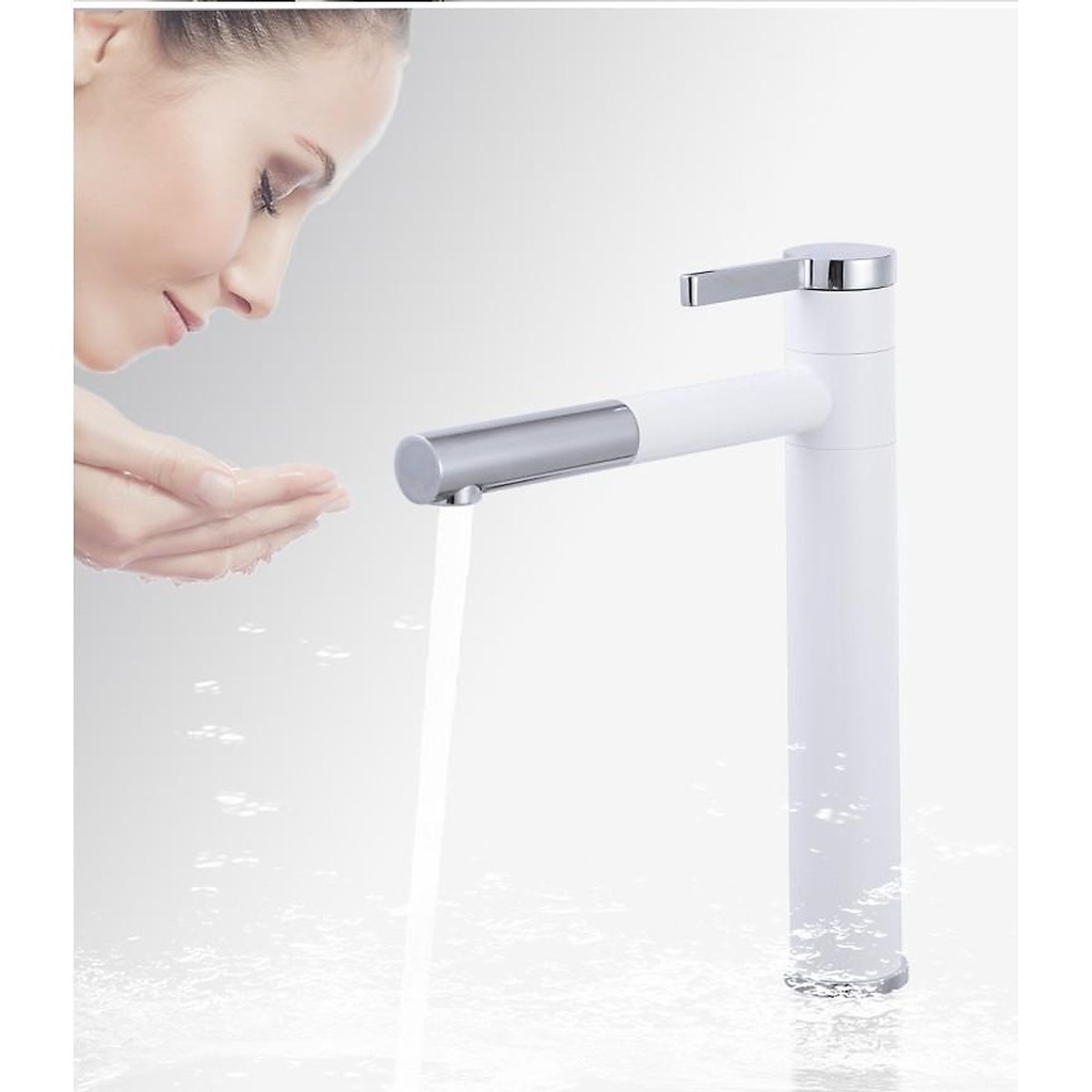 Vòi lavabo nóng lạnh bằng đồng hình trụ tròn 30cm sơn tĩnh điện Trắng bạc cao cấp