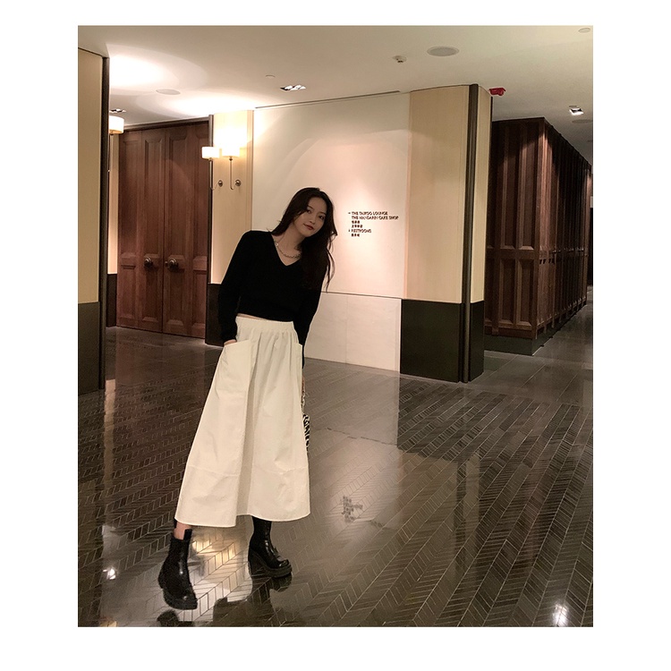 SUXI Áo dệt kim dáng ôm dài tay cổ V phong cách mùa thu dành cho nữ