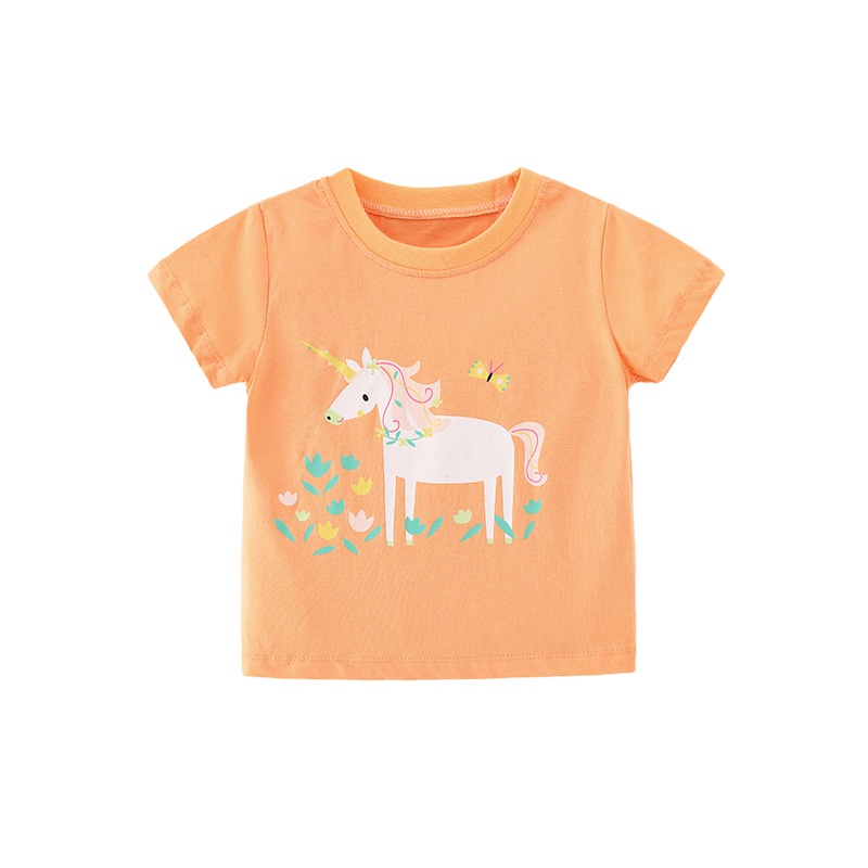 Áo Thun Cotton Cổ Tròn Tay Ngắn In Hình Bướm &amp; Kỳ Lân Dễ Thương Dành Cho Bé Gái