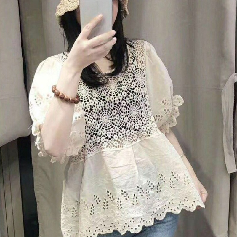 Brroa Áo Sơ Mi Tay Ngắn Phồng Phối Ren Thêu Họa Tiết Xinh Xắn Thời Trang Cho Nữ