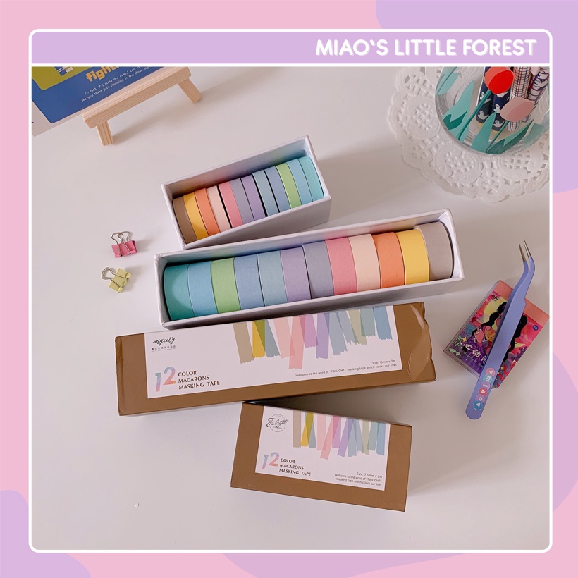 Washi tape MIAO'S LITTLE FOREST hộp 12 cuộn băng dính màu macaron morandi xinh xắn trang trí sổ tay bullet journal