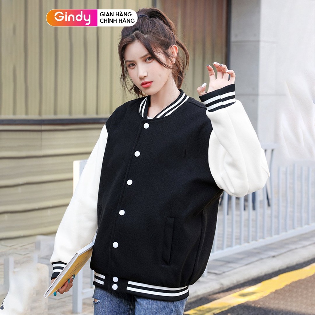 Áo khoác bomber bòng chày trơn unisex GINDY chất da lộn form rộng dày dặn, mặc đi học, đi chơi size M (40kg-75kg) A1211 | BigBuy360 - bigbuy360.vn