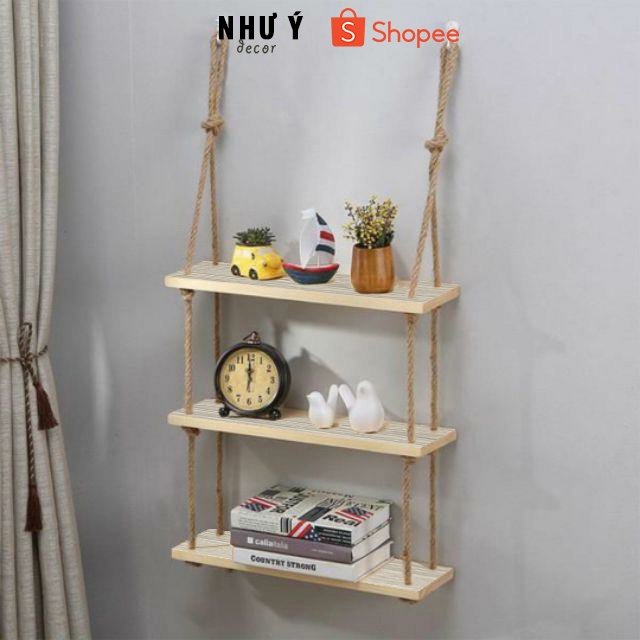 Kệ Gỗ Treo Tường Dây Thừng Trang Trí ⚡RẼ NHẤT SHOPEE⚡ Kệ Thanh Ngang Decor Phòng Đa Năng