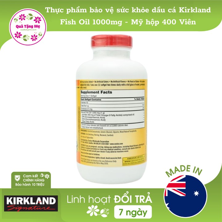 Thực phẩm bảo vệ sức khỏe dầu cá Kirkland Fish Oil 1000mg - Mỹ hộp 400 Viên