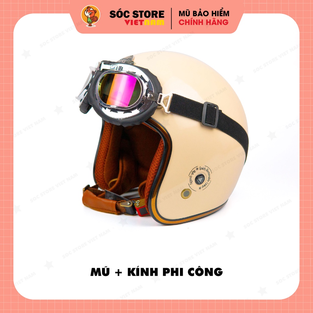 Mũ bảo hiểm 3 phần 4 NAPOLI màu kem, nón bảo hiểm 3 phần 4 nam nữ Sóc Store freesize