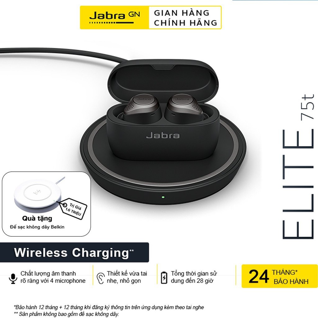 Tai Nghe Bluetooth Không Dây True Wireless Jabra Elite 75T chống nước, chống tiếng ổn, cảm biến đa điểm