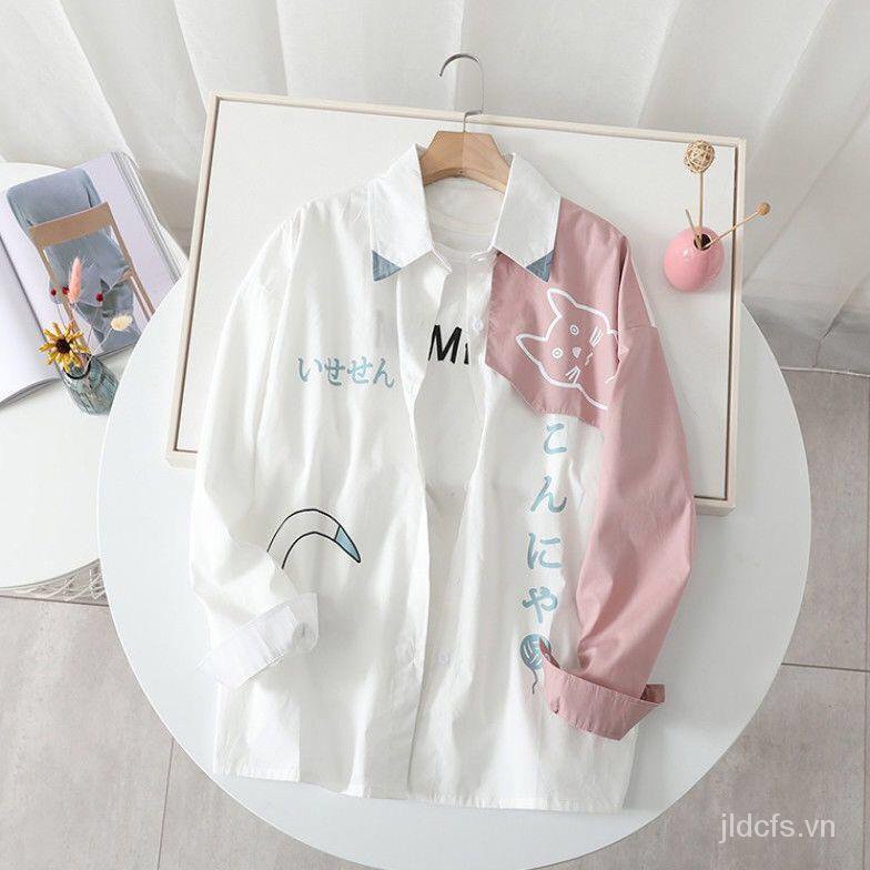 Áo sơ mi dài tay dáng rộng in hình mèo phong cách Nhật Bản/ Hàn Quốc thời trang cho nữ sinh