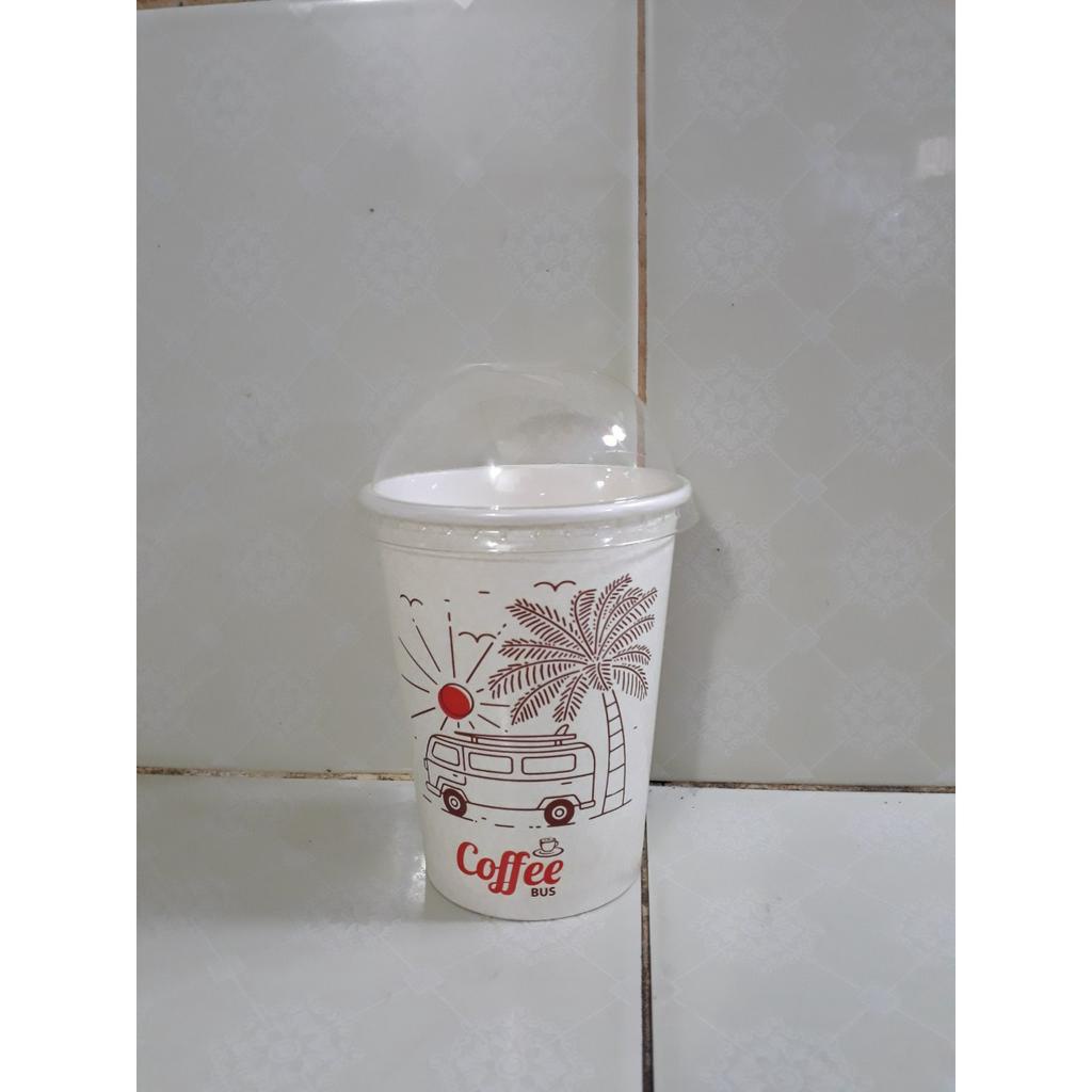 Ly giấy 360ml - 14oz mẫu COFFEE BUS, Set 100 cái kèm nắp