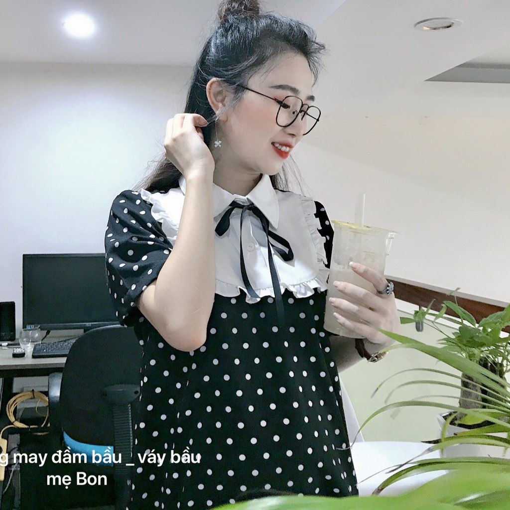 Váy bầu công sở hàng thiết kế chấm bi dáng xuông