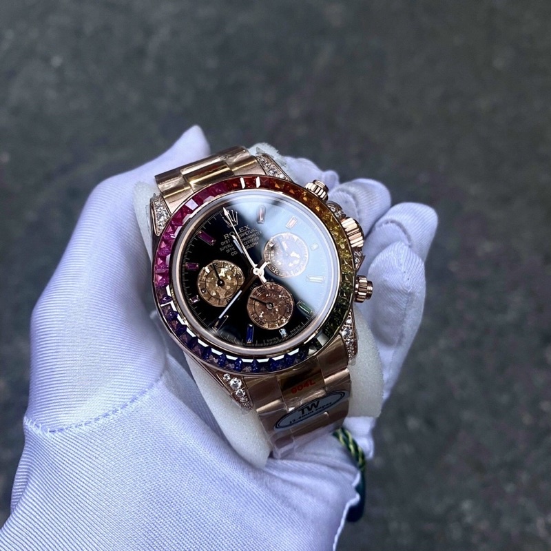 Đồng Hồ Nam Rolex Daytona Rainbow Đá Cz 7 Màu Cực Nét 40mm Đồng Hồ Nam Hàng Cao Cấp