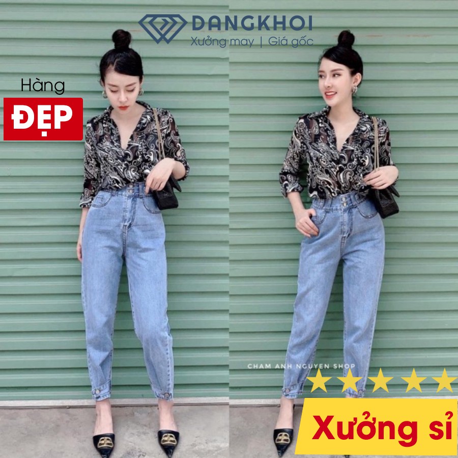 Quần Baggy Bò/Jean Nữ Lưng Cao Cạp Cao Khuy Gấu J126