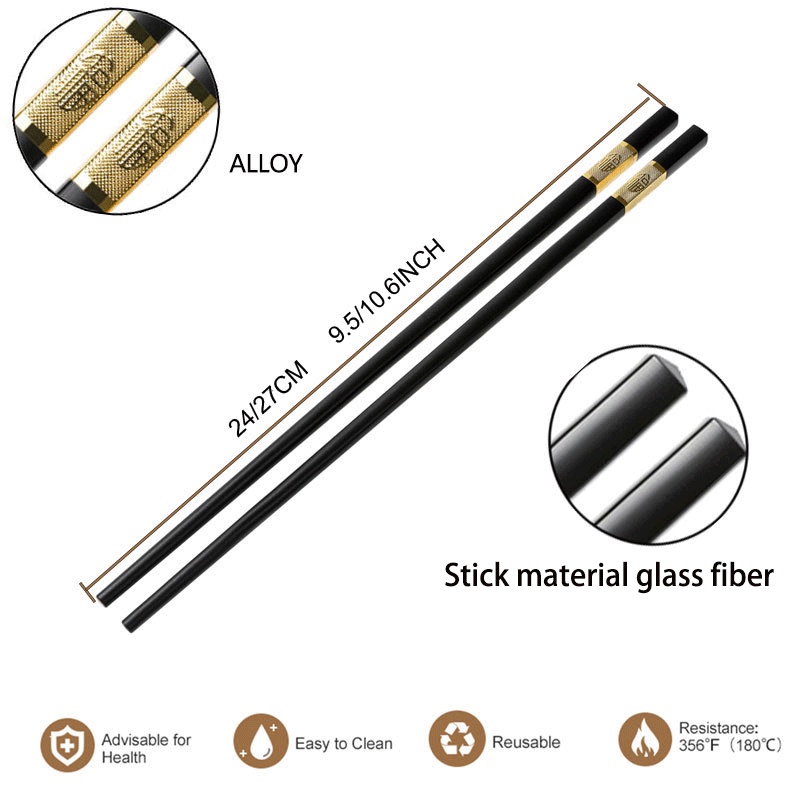 Set 1/10 Cặp Đũa Nhựa + Hợp Kim Chống Trượt Có Thể Tái Sử Dụng