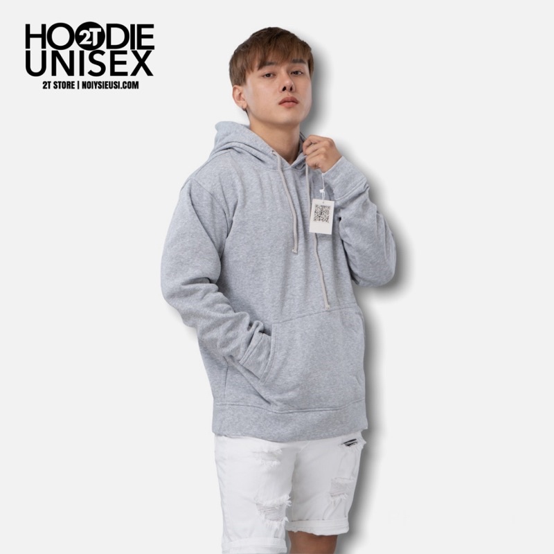 Áo hoodie unisex 2T Store H06 màu xám nhạt - Áo khoác nỉ chui đầu nón 2 lớp dày dặn đẹp chất lượng