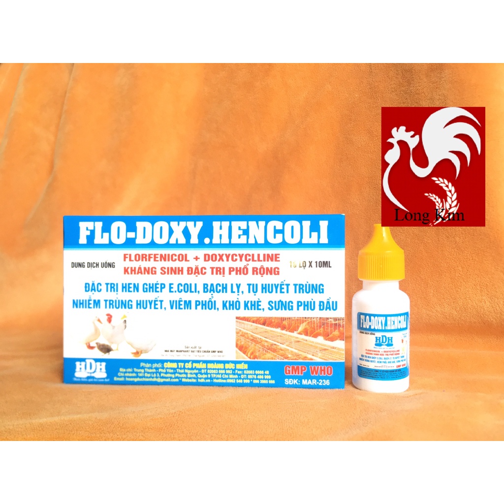 Flo.Doxy-Hencoli lọ 10ml Hen ghép, E.coli, bạch lỵ, huyết trùng, viêm phổi, sưng phù đầu cho gia cầm, thủy cầm, trâu, bò