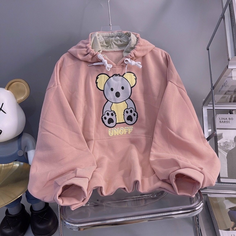 Áo khoác chui đầu hoodie nỉ ngoại tay phồng in gấu gola unisex ulzzang nam nữ