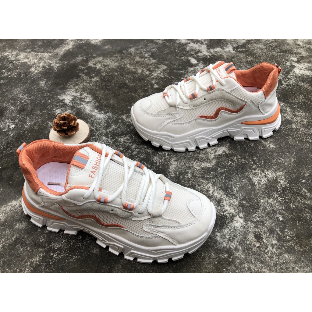 Giày thể thao sneaker nữ ULZZANG đế độn 5cm chất da lộn phối vải thoáng khí màu xanh/cam