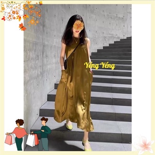 Vnu444 - váy suông nâu sát nách túi sườn