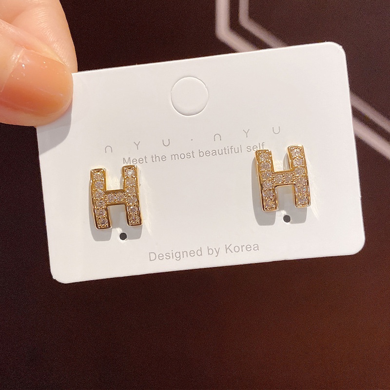 Bông Tai Chữ H Đính Đá Thời Trang Đơn Giản Cho Nữ