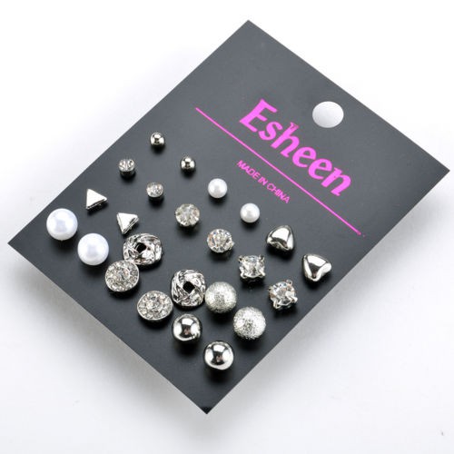 9/12 Pairs Women Girl Simple Pearl Crystal Stud Triangle Bar Earring Set Jewelry